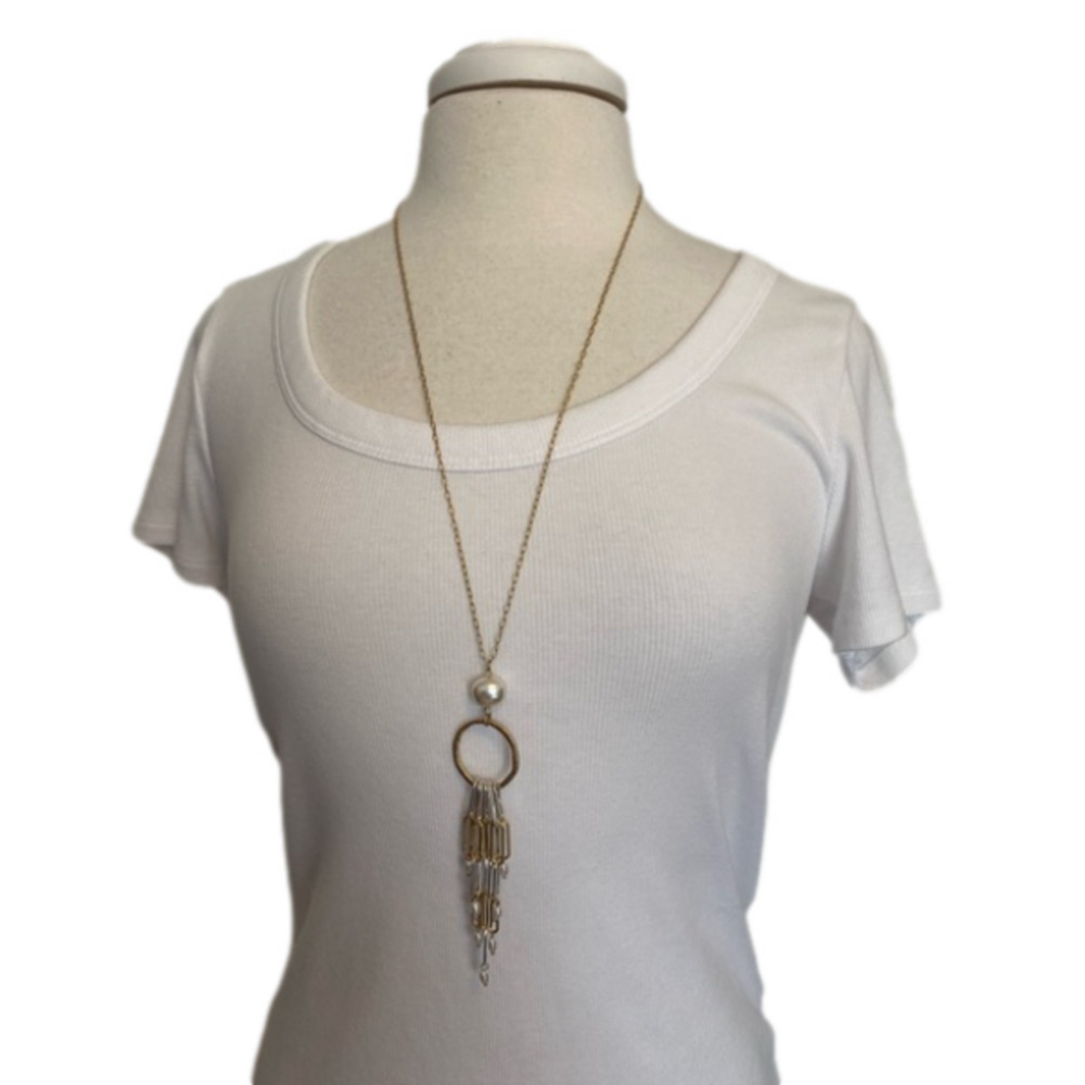 Women's Plunder Gold Chain Faux Pearls Glam Statement Dressy Long‎ Necklace